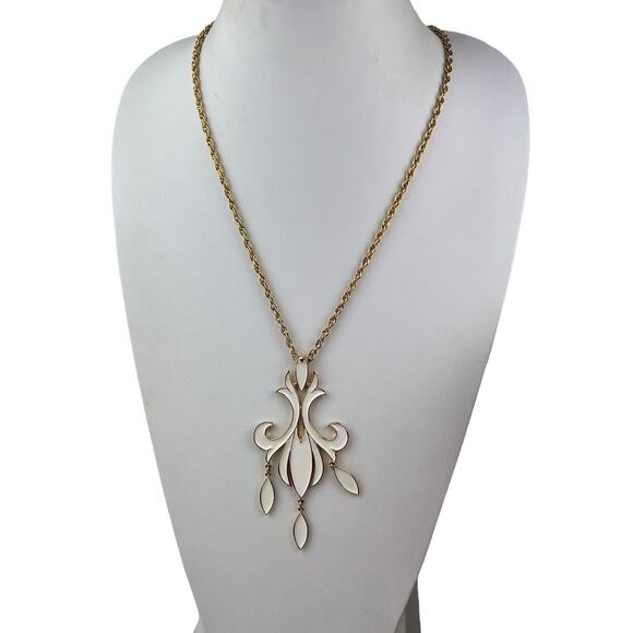 Vintage Crown Trifari White Enamel Mod Gold Tone Necklace 28" - Picture 1 of 11